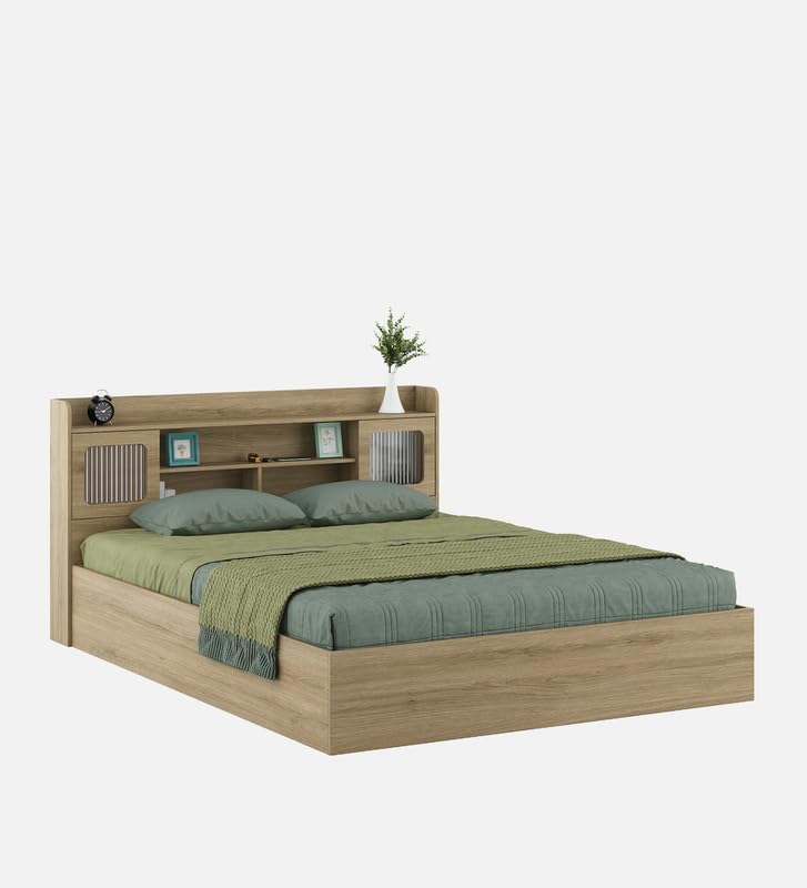Image of Mintwud Pepperfry Engineered Wood Vida King Size Bed with Box Storage, Open Shelves and 2 Door | Wooden Double Bed Cot Palang Furniture for Living Room Bedroom Home and Hotels (Santana Oak Finish)
