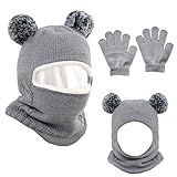 YFCJYBF Kinder Wintermütze Schal Handschuhe Set,Kleinkind Baby Schal Mütze Warme Süße Strickmütze, Kinder 2 in 1 Samtgefütterte Wintermütze,Geeignet für 2-7 Jahre (grau)