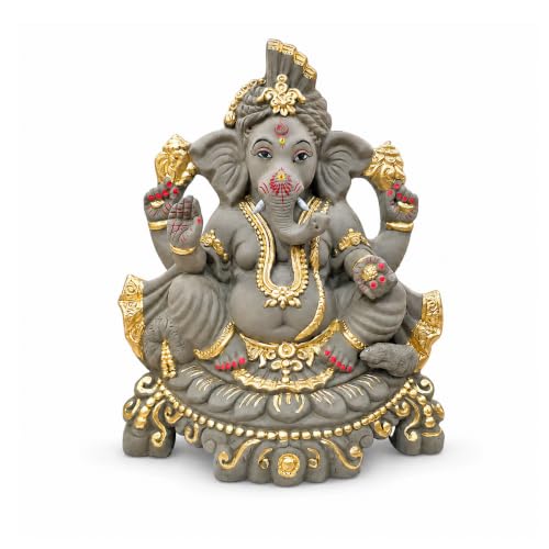 Image of 12 Inches. Big Clay Ganesha Idol, Mitti Ganpati Statue for Visarjan at Home, Water Soluble Clay Idol for Ganesh Chaturthi (Grey Golden)