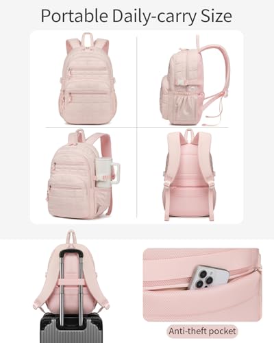 Image of Large Laptop Backpack for Women, Quilted College Bookbag with Tumbler Holder Pocket for Nurse Teacher Work Travel, Puffer School Backpack for Teen Girls Big Student, Pink