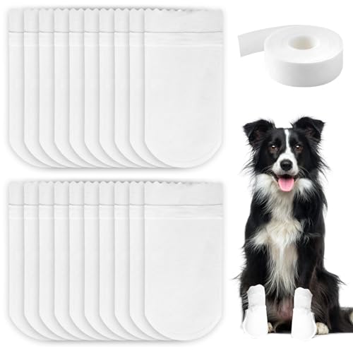 Dog Socks 20PCS Disposable Dog Boots for Injured Paws Waterproof, Non-Woven Dog Paw Protectors with Adhesive Tape, Pet Shoes Covers for Medium Dogs 16-23lbs Indoor Outdoor Walking