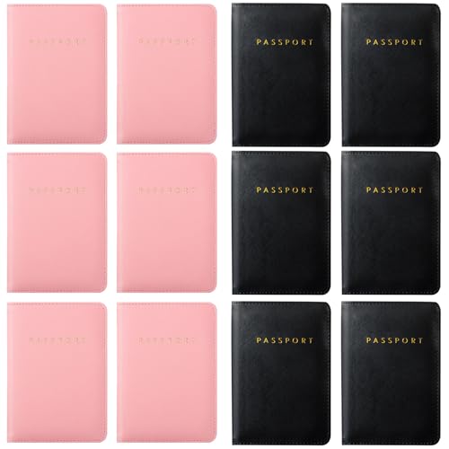 12 Pcs Passport Holder Cover Waterproof Leather Travel Wallet Passport Case for Women Men Family(Black, Pink)