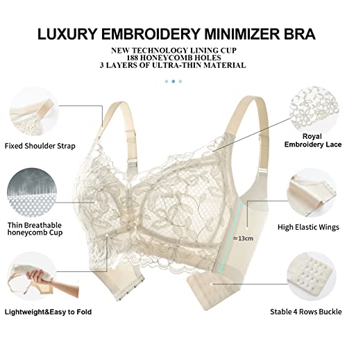 Ailivin Wireless Full Coverage Embroidery Wirefree Non Padded Comfort Minimizer Bra Everyday For Women Full Support No Wire Floral Lace Figure Bras Beige 38C 38 C #TOP3