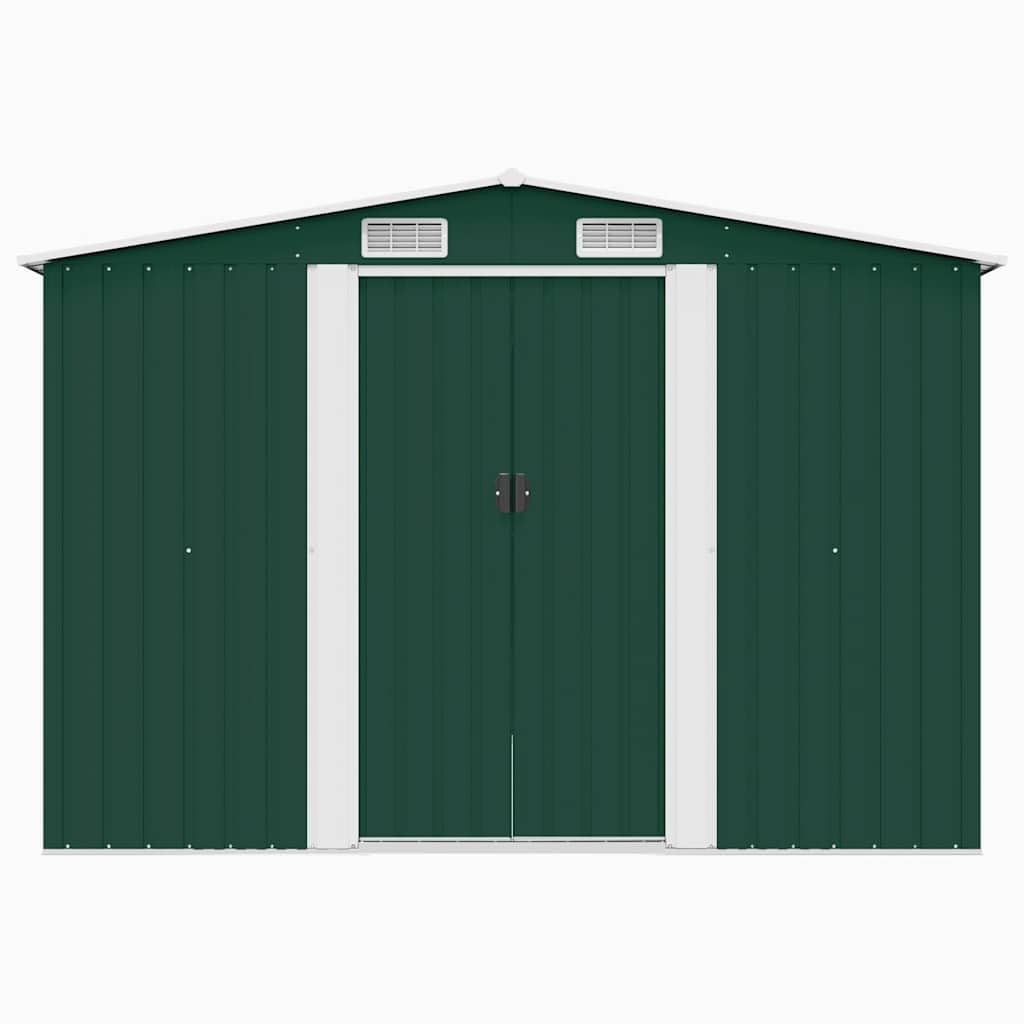 Gerätehaus Metall grün 257x298x178 cm verzinkter Stahl Gartenschuppen mit Lüftungsgittern, Schiebetüren, geräumig für Werkzeugaufbewahrung und Gartenlagerung im Außenbereich Terrasse