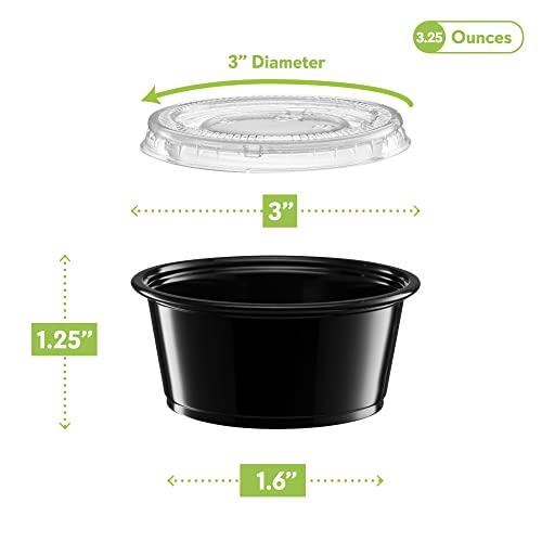 Image of {3.25 oz - 100 Sets} Black Diposable Plastic Portion Cups With Lids, Small Mini Containers For Portion Controll, Jello Shots, Meal Prep, Sauce Cups, Slime, Condiments, Medicine, Dressings, Crafts,