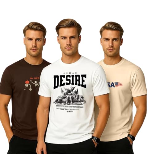Image of Veirdo Pure Cotton Regular Fit AestheticGraphic Printed Round Neck Half Sleeve T-Shirt Pack for Men (Combo of 3) (Green,Red,Swanwhite,Black,Navy Blue,White,Brown,Royal Blue)