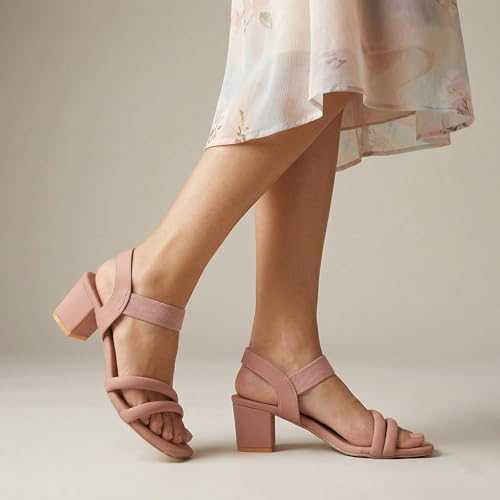 Image of SKOLL Women's Low Block Heel Strappy Sandals, Comfort Elastic Ankle Strap Open Toe Heeled Sandals, Casual Dressy Walking Sandals with Dual Front Straps