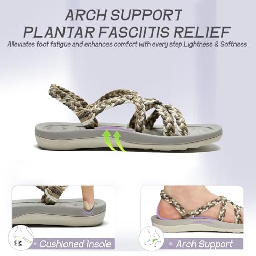 MEGNYA Women's Athletic Hiking Shoes for Outdoor, Wadable Slide Sandals for Shock Absorber, Arch Support Sandals with Soft Ropes for Walking Vacation Sport Yellow Brown Size 10 - Thumbnail 3