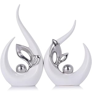 9.4″ H White Silver Abstract Sculptures Home Decor, Ceramic Art Statue Cool Stuff to Put on Shelves&tv Stand Decor, Silver Accent Entertainment Center, for Fireplace Coffee Table Dining Table Decorate
