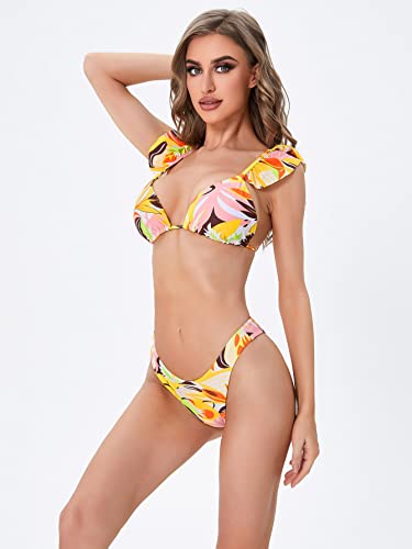 WDIRARA Women's Floral Boho Triangle Ruffle Trim 3 Piece Swimsuits with Sarong Skirt3