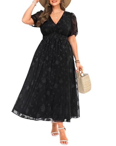 Image of Pinup Fashion Plus Size Wedding Guest Chiffon Semi Formal Maxi Dress | Chiffon, V-neckline, short sleeves, shirred waist, textured floral pattern, maxi length, versatile for all seasons