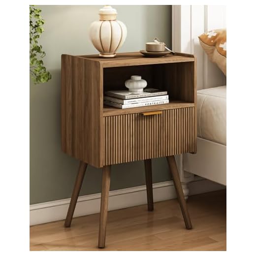 JOONEE Nightstand,Modern Bedside Table with Storage Drawer and Open Wood Shelf, for Living Room, Bedroom and Small Spaces, Accent Night Stand with Solid Wood Legs, Easy Assembly,Walnut Brown