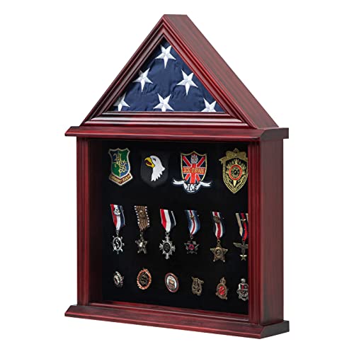 Tieeqe Solid Wood Flag Display Case Military Shadow Box Fit a Folded 3x5 Flag for Army Navy Air Force Veteran Flag American Military Flag Display Case with Certificate Holder Mahogany