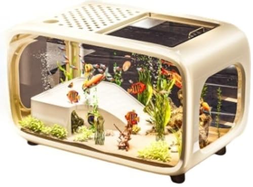 EVREFIN 小型水槽セット カバー付き キリフィッシュ、ベタ、金魚、テトラポッド魚用 静音フィルター デスクトップ リビングルーム 寝室 屋内 クリエイティブ カバーデスクトップ (【クリーム色 - デラックス版】クライミングフレーム+水草+海塩+魚の