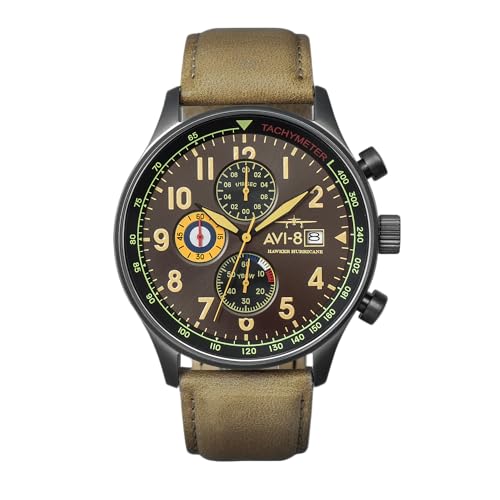 AVI-8 Herren 42mm Hawker Hurricane Classic Chronograph Dark Earth Japanische Quarz-Fliegeruhr mit Lederarmband AV-4011-0E