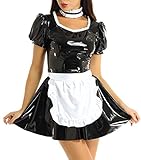 lackschürze Gerüschter quadratischer Ausschnitt und Kleid in A-Linie mit Puffärmeln über dem Knie mit abnehmbarer Satinschürze in der Taille