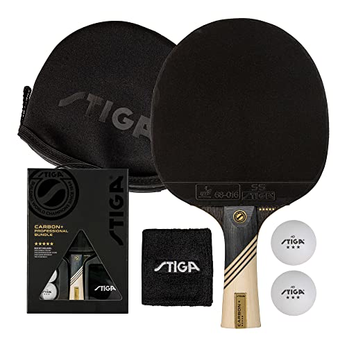 Stiga Carbon+ Bundle Ping Pong Paddle Set – 7-Ply Extra Light Carbon Fiber Blade – 2Mm Premium Sponge – Concave Pro Handle – 2 3-Star Tournament Balls – Neoprene Racket Cover – Player Wristband #TOP1