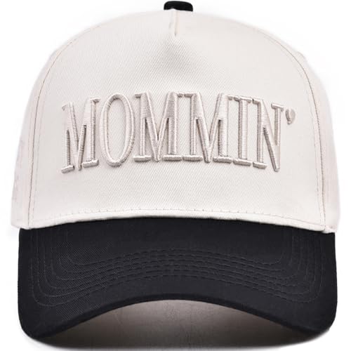 Women’s Mommin Trucker Hat for Mom, Mom Baseball Cap, Embroidered Adjustable Hat, Vintage Two-Tone Ponytail Baseball Hat White
