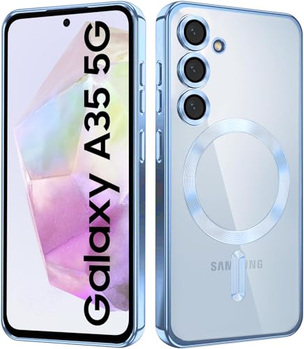 Image of VONZEE Clear Logo Electroplating Transparent Case for Samsung Galaxy A35 5G, Magnetic Plating Electroplate TPU Cover, Individual Camera Protection for Each Lens- Sierra Blue
