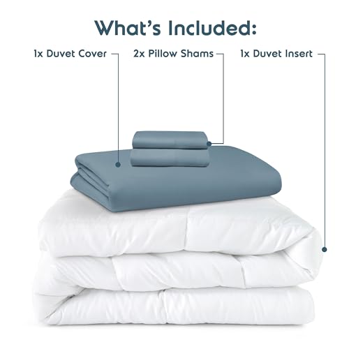 Nestl California King Duvet Cover Set with Comforter Insert - Stone Blue 4 Piece 104x98 Duvet Cover & 2 Pillow Shams with White Quilted Down Alternative Comforter, Ultra Soft, All Season