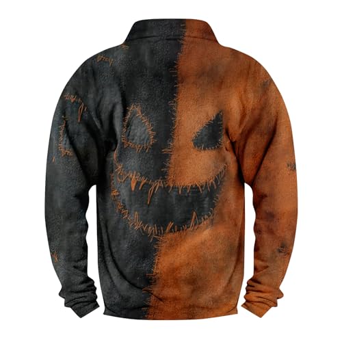 Halloween Sweatshirts for Men Cool Button Henley Hoodie Spooky Pumpkin Face Print Pullover Funny Long Sleeve Tops2