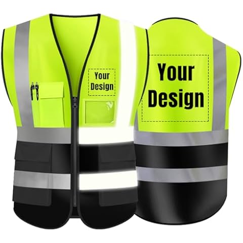 YOWESHOP High Visibility Safety Vest with Reflective Strips Custom Your Logo Hi Vis 5 Pockets Outdoor Work Vest (Neon Yellow XL) Cover