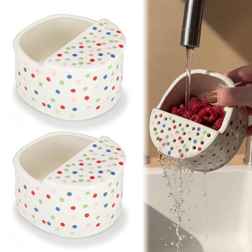 Hushee 2 Pack Ceramic Berry Basket with Holes Ceramic Fruit Colander 2 in 1 Washing Strainer Bowl Container 5.5inch Polka Dots Colorful Stoneware for Kitchen Strawberry Grape Fridge