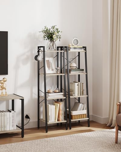 Image of Hzuaneri 4-Tier Ladder Shelf, Narrow Bookshelf, Corner Storage Shelves, Freestanding Bookcase with 2 Hooks for Home Office, Living Room, Kitchen, Bedroom, Industrial, Greige and Black BC13205B