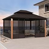 PURPLE LEAF 12' X 14' Outdoor Hardtop Gazebo with Solarium Galvanized Metal Roofs Patio Wood Grain Aluminum Frame with Screens and Doors for Hot Tub Garden Bronze