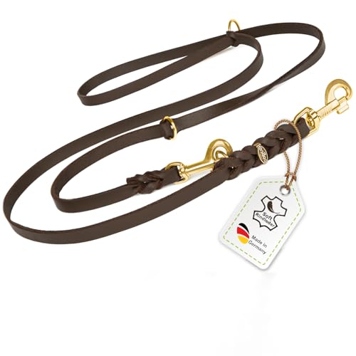 Hundeleine Leder 2m kleine Hunde leicht Fettlederleine [3-Fach Verstellbar] Lederleine geflochten – robuste Leine Hund mit Messingbeschlägen – Führleine Hund & Freihandleine zum Umhängen, Braun 8mm