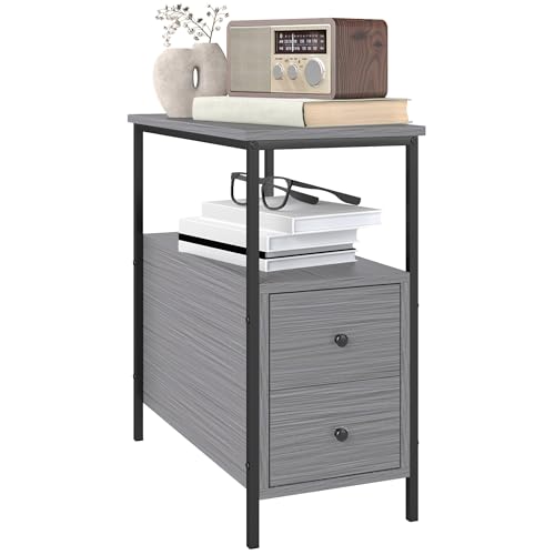 HOMCOM Side Table, Narrow Bedside Table with 2 Drawers and Storage Shelf, Industrial End Table with Metal Frame for Small Spaces, Grey Wood Grain
