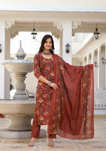 Image of GoSriKi Women's Cotton Blend Printed Straight Kurta with Pant & Dupatta