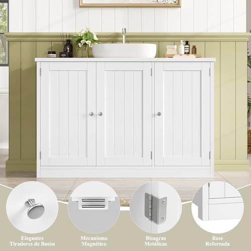 Miniatura 6 de Forehill 90cm Mueble Bajo Lavabo, Mueble Baño, Mueble Lavabo Con Pie, Con 3 Puertas, 2 Cajones, Blanco, 90x30x61.8 Cm