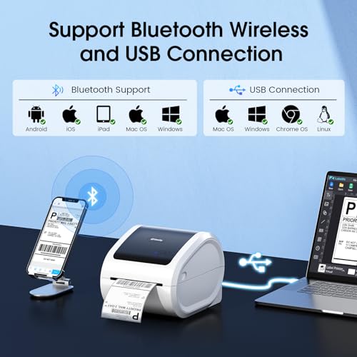 Image of Bluetooth Shipping Label Printer with 1 Roll Labels - D520BT Thermal Label Printer, Thermal Printers with Built-in Label Holder, Come with 500PCS 4x6 White Labels (500 Labels /Roll)