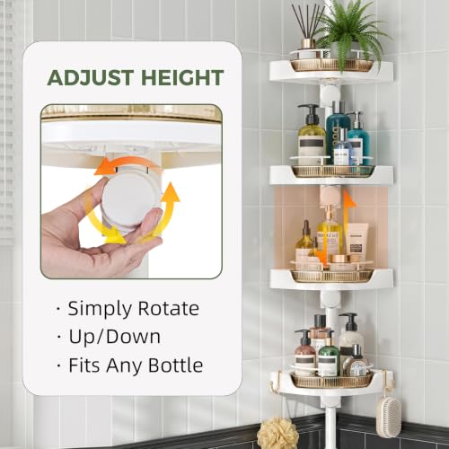 Image of akinbas 360 Rotating Shower Caddy Tension Pole with 4-Tier Rustproof Lazy Susan 35-128 Inch No Drilling Coner Shelves Adjustable Shower Rack for Bathroom Bathtub Washbasin Plant Storage (White+Gold)