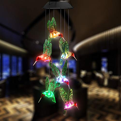 Topspeeder LED Solar Hummingbird Wind Chime, Changing Color Waterproof Six Hummingbird Wind Chimes for Home Party Night Garden Decoration