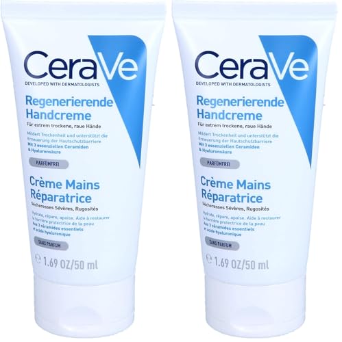 CeraVe Crema Reparadora de Manos, Para Manos Secas y Ásperas, Alivia la Sequedad y Restaura la Barrera Protectora de la Piel, Con 3 Ceramidas Esenciales y Ácido Hialurónico, 50ml (Paquete de 2)