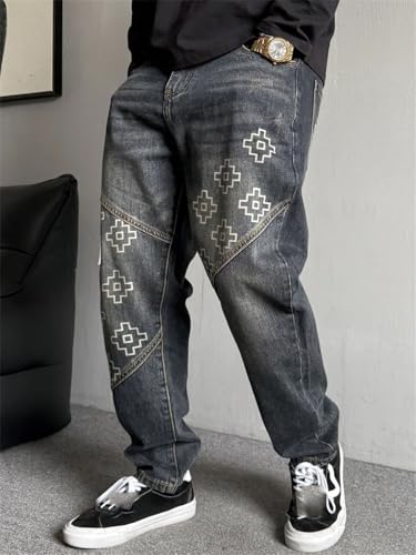Men’S Trendy Hip Hop Patchwork Print Straight Leg Cargo Pants Button Fly Midweight Distressed Streetwear Full Length Jeans3