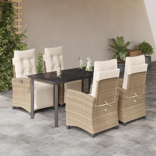 Owoxanthellate Juego de muebles de jardín de 5 piezas, de polirratán, color beige, 160 x 80 cm, sillón reclinable con tablero de cristal, mesa de jardín, diseño moderno para terraza, balcón y salón al