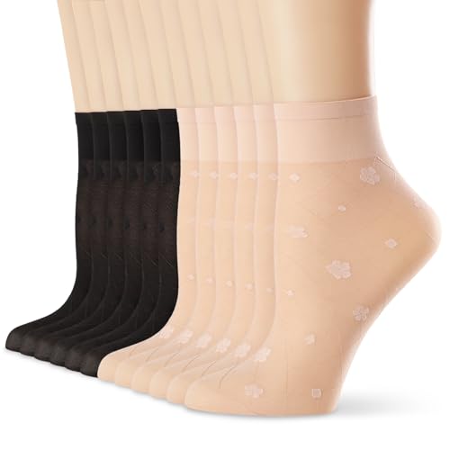 Image of VIBCICY 12 Pairs Womens Sheer Nylon Ankle Socks,Nude Thin Tight Stockings for Summer,See Through Silk with Mesh Floral Crew Socks
