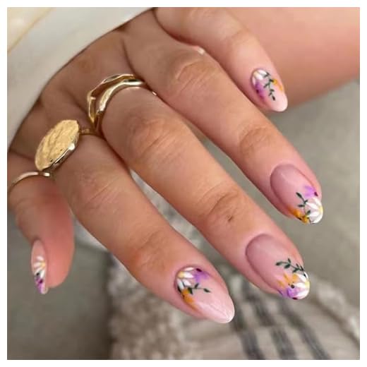 SINHOT Press on Nails Short Round Fake Nails Summer Oval Acrylic Nails Glossy Glue on Nails Daisy Flower Designs False Nails 24 pcs