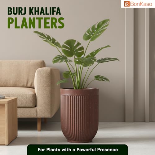 Image of Bonkaso 24 Inch Burj Khalifa Ribbed Planter for Indoor & Outdoor Use | Round Heavy Duty Polymer Flower Pot | Lightweight Weather Resistant Modern Gamla for Living Room Balcony & Terrace (Brown)