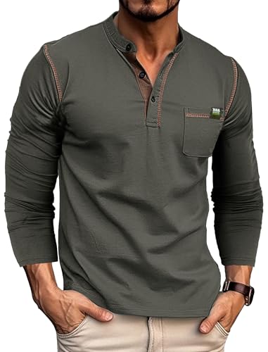 Gleam Ledra Herren Henley Shirt Langarm Baumwolle Büro Freizeit Knopfleiste Basic T Shirts Hemd mit Brusttasche, B Dunkelgrau XL Gleam Ledra Herren Henley Shirt Langarm Baumwolle Büro Freizeit Knopfleiste Basic T Shirts Hemd mit Brusttasche, B Dunkelgrau XL