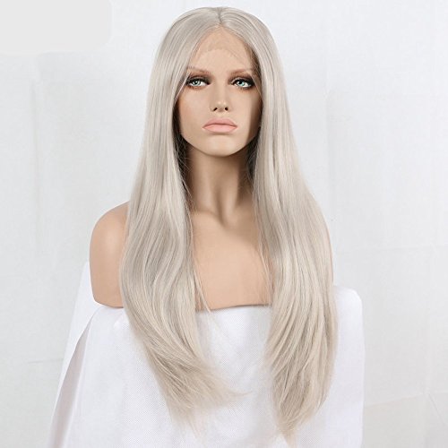 Xiweiya Long Natural Wavy Ash Blonde Synthetic Lace Front Wigs Heat Resistant Fiber Silver Gray Straight Lace Wigs Soft Grey Hair Middle Part Wig for women 24 Inch