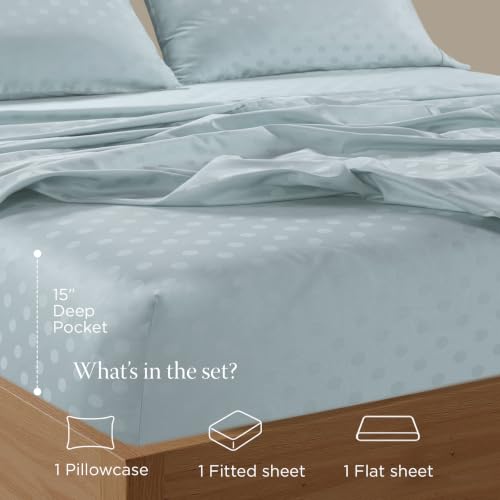 Image of Threadmill 300TC Cotton Twin Sheet Set, Sateen, Jacquard, Light Blue | 100% Cotton, Sateen Weave, Jacquard Pattern, 3-Piece Set, 16 inch Deep Pocket, Cooling, Breathable, OEKO-TEX Certified