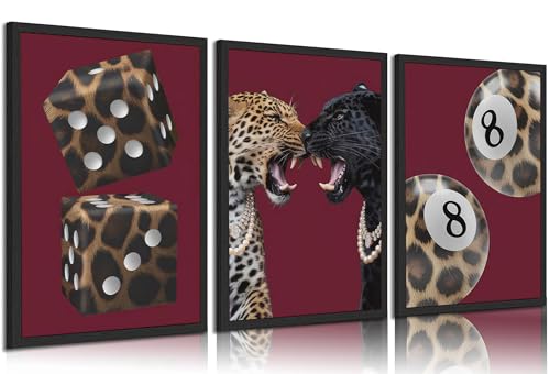 3pcs Trendy Leopard Canvas Wall Art Funky Lucky 8 Ball
