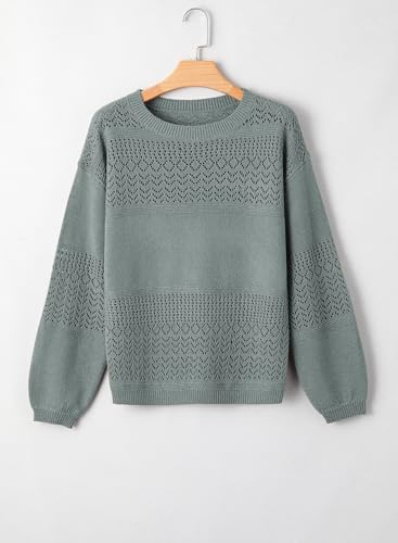Image of SHEWIN Women's Sweaters Casual Long Sleeve V Neck Crewneck Lightweight Crochet Pullover Sweater Tops
