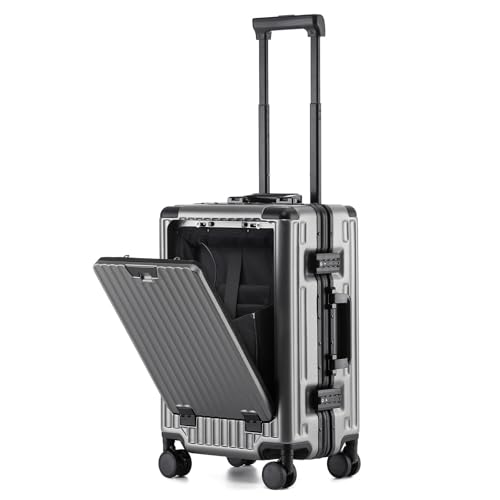 20 Inch Zipperless Carry On Luggage 22x14x9 Airline Approved With Spinner Wheels,Aluminium Frame Hard Shell Travel Suitcase with TSA Approved Cup Holder USB Port Holder for Women Men,Grey