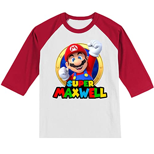 Personalized Super Family Birthday Shirt | Mario Shirts | Matching Set | Handmade Decorated Shirt | Personalized with Name and Age | Unisex 3/4 Sleeve Raglan T-Shirt | #11022