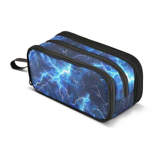 Image of Blue Electric Lightning Pencil Case Box Boys Girls Large Pencil Pouch Zipper Compartments Big Capacity Stationery Pen Bag Organizer for Kids Teens Adults School Office